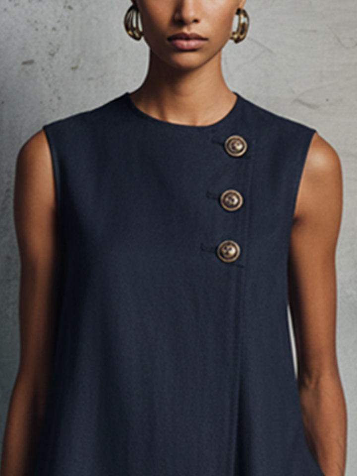 Navy Linen Mini Dress – Round Neck, Sleeveless