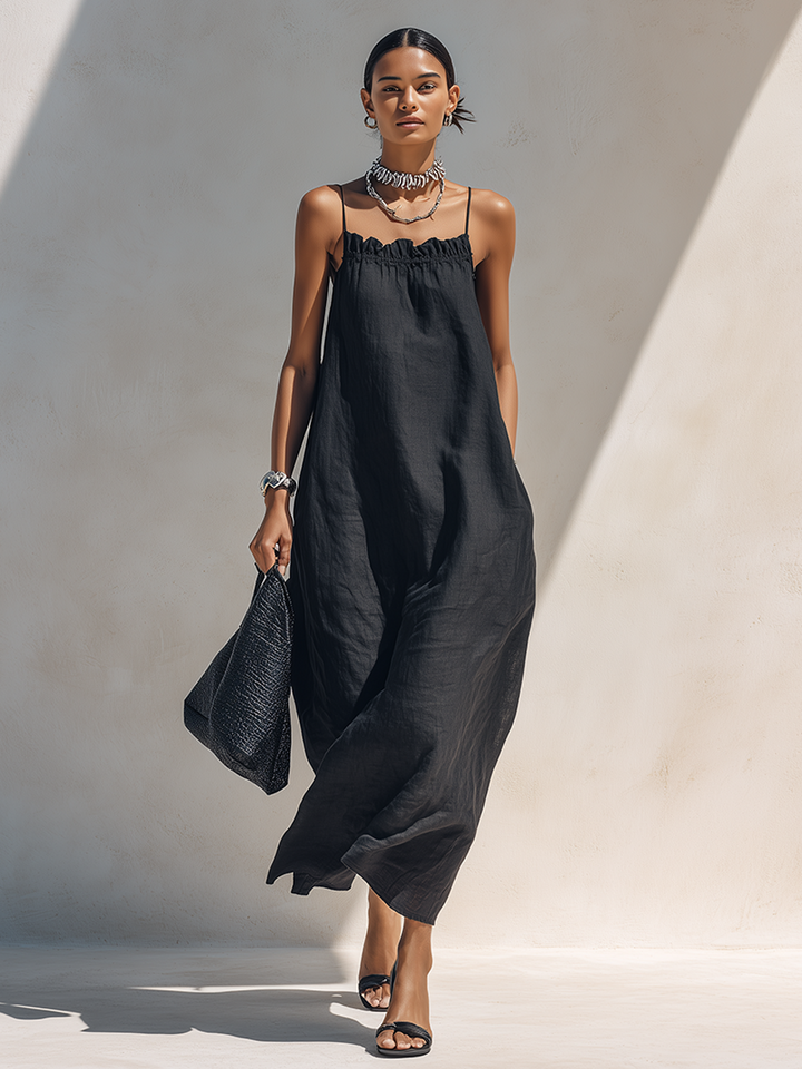 Minimalist Black Maxi Dress with Spaghetti Straps and Ruched Neckline