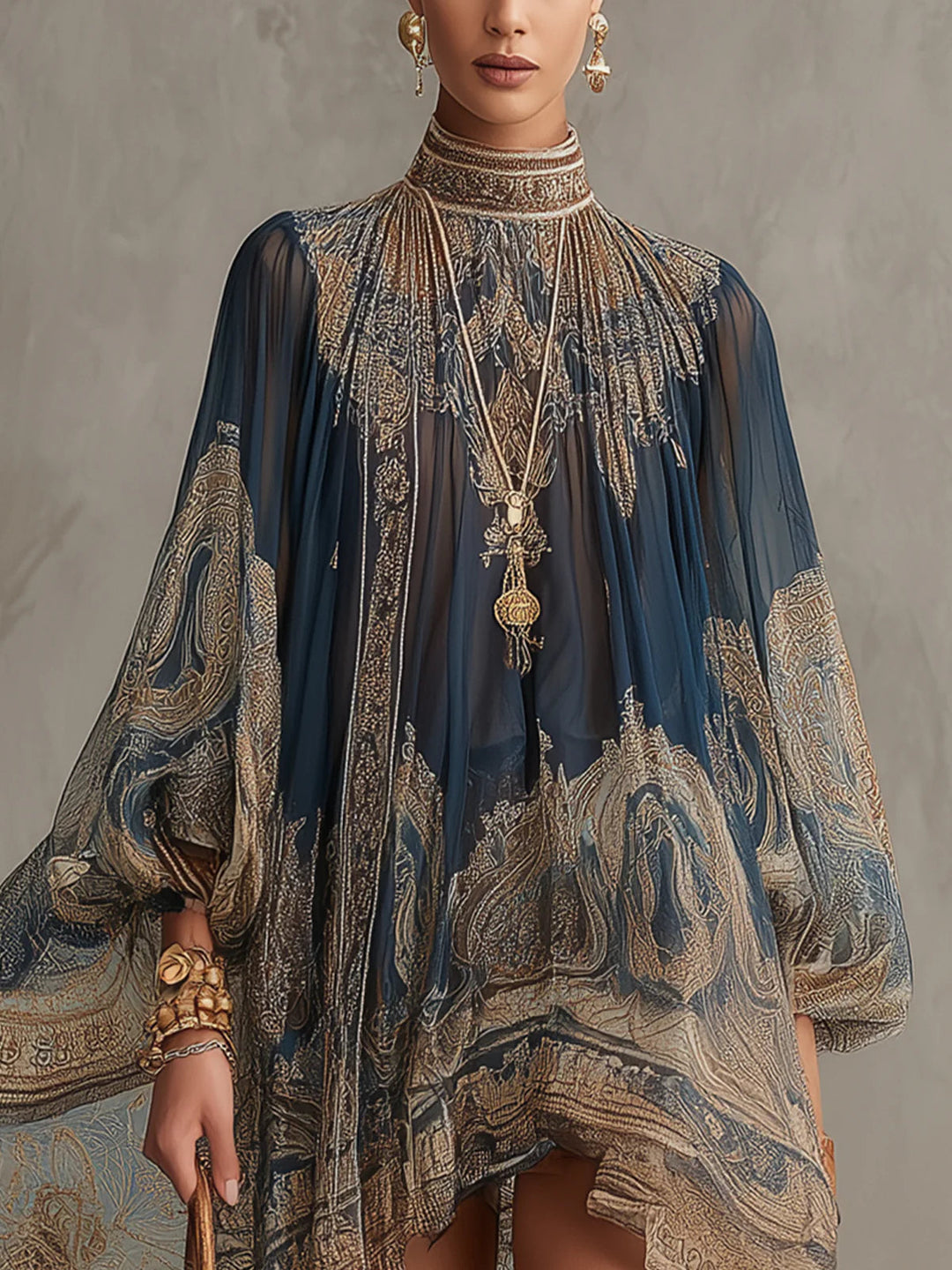Francesca | Navy Blue Mini Dress with Gold Baroque Print