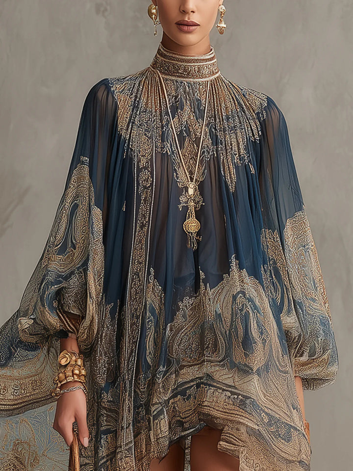 Francesca | Navy Blue Mini Dress with Gold Baroque Print