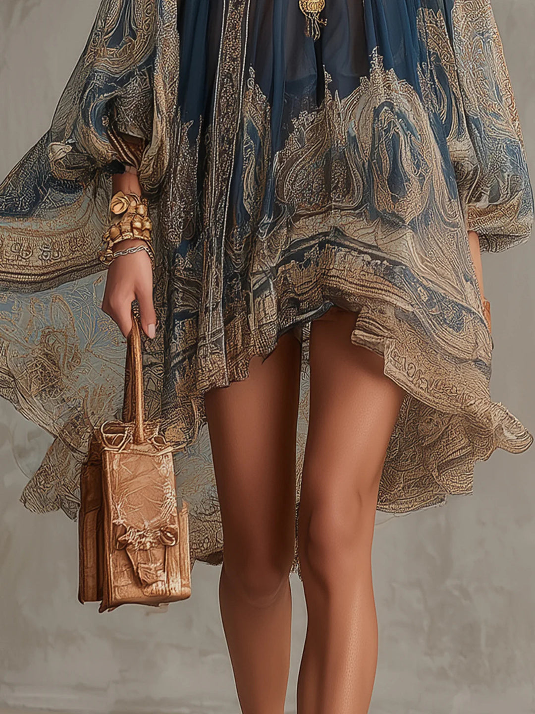 Francesca | Navy Blue Mini Dress with Gold Baroque Print