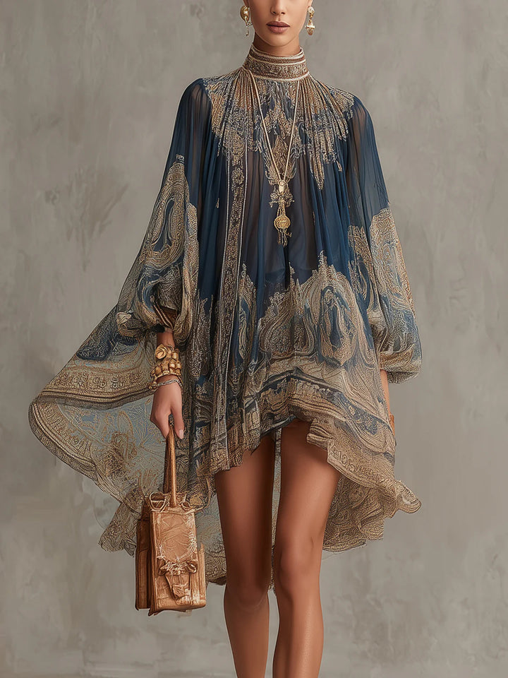 Francesca | Navy Blue Mini Dress with Gold Baroque Print