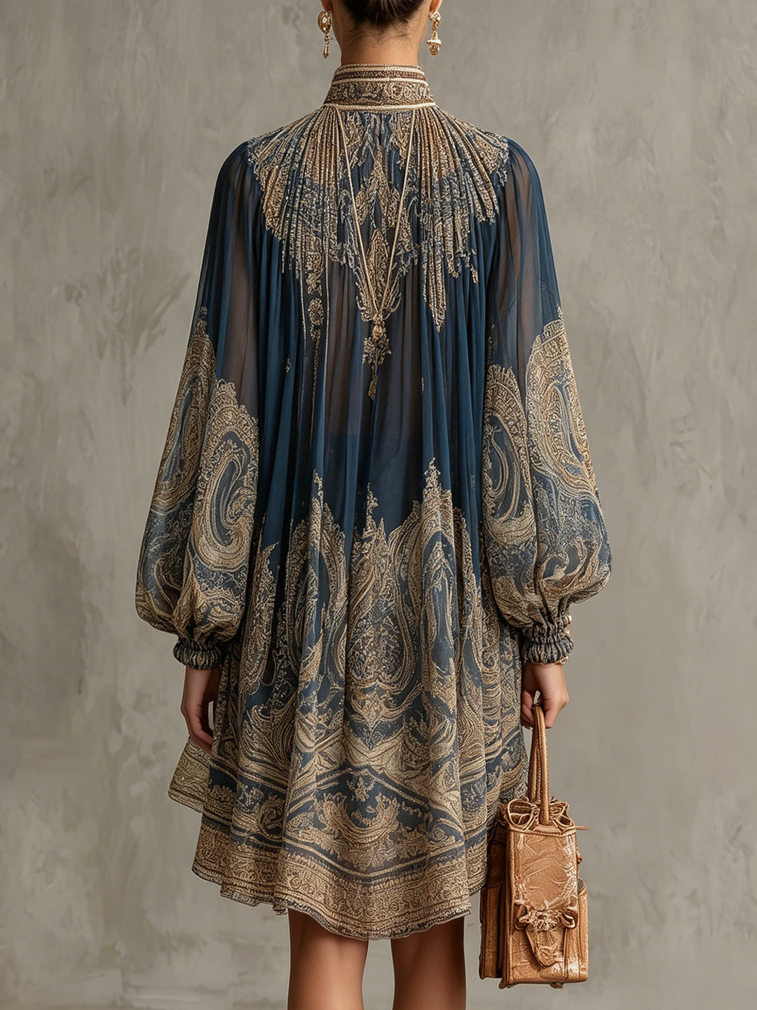 Francesca | Navy Blue Mini Dress with Gold Baroque Print