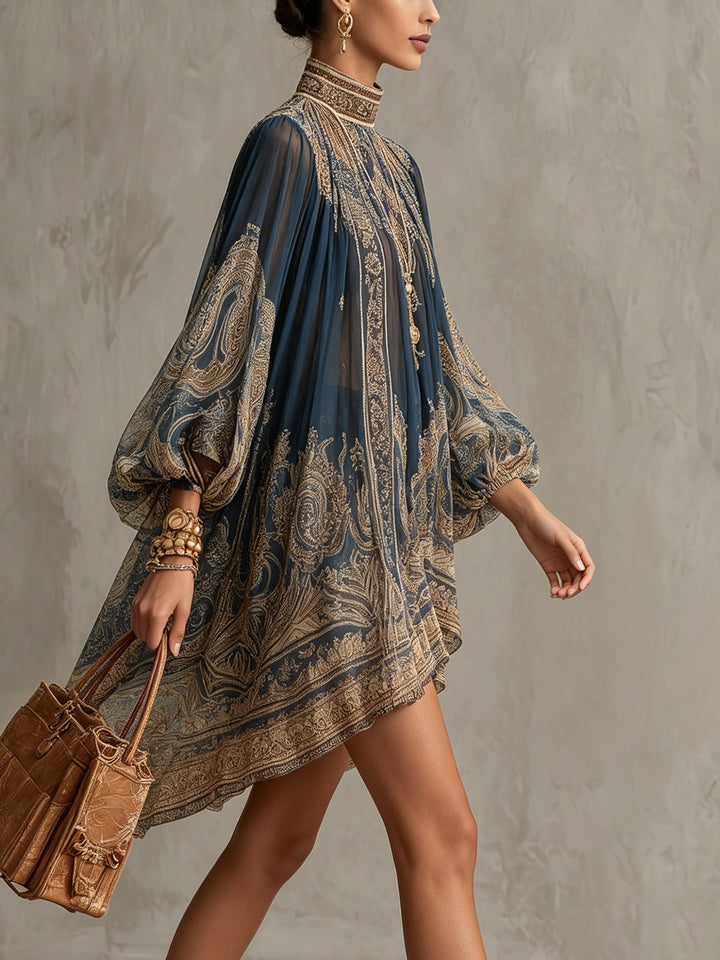 Francesca | Navy Blue Mini Dress with Gold Baroque Print